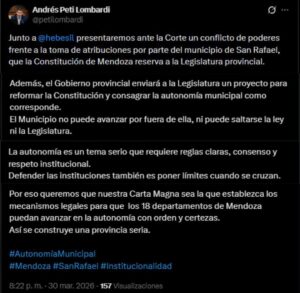 Cornejo lanza una reforma constitucional para frenar la "rebelión" de San Rafael 2 San Rafael: el tweet de Andrés Peti Lombardi