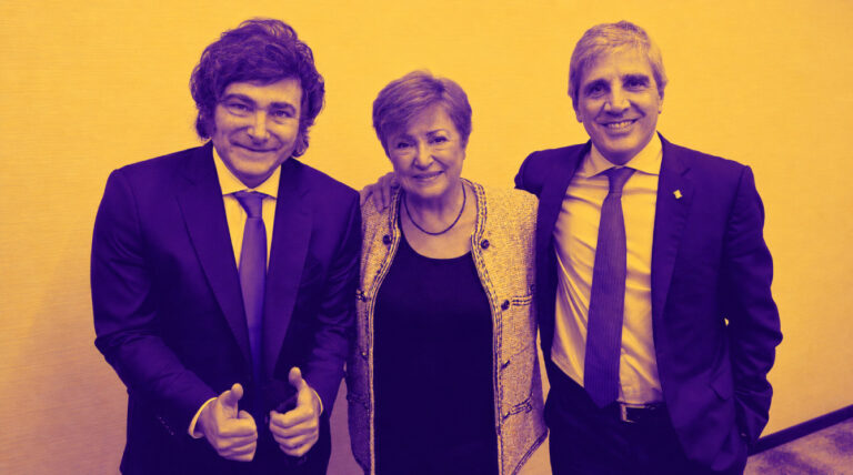 Kristalina Georgieva junto a Luis Caputo y Javier Milei